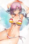  1girl absurdres armpits arms_up bare_shoulders bikini blush breasts cleavage collarbone fate/grand_order fate_(series) glasses hair_over_one_eye highres large_breasts lavender_hair looking_at_viewer mash_kyrielight navel nishiide_kengorou open_clothes open_mouth purple_eyes rainbow_bikini short_hair short_sleeves simple_background swimsuit swimsuit_of_perpetual_summer_ver.02 thighs white_background 