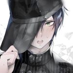  1boy baseball_cap black_hat black_jacket blue_hair buttons collared_jacket commentary_request danganronpa_(series) danganronpa_v3:_killing_harmony dated double-breasted gleam green_eyes hair_between_eyes hand_on_headwear hat high_collar jacket light_particles male_focus nervous one_eye_closed open_mouth pinstripe_jacket pinstripe_pattern saihara_shuichi short_hair signature simple_background solo star_(symbol) star_print sweat teeth u_u_ki_u_u upper_body upper_teeth_only white_background 