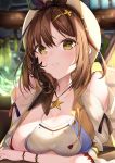  1girl atelier_(series) atelier_ryza beret blush breasts brown_eyes brown_gloves brown_hair cleavage commentary_request eyebrows_visible_through_hair gloves hair_ornament hairclip hat highres jewelry large_breasts looking_at_viewer necklace reisalin_stout shiero. short_hair single_glove solo star_(symbol) star_necklace upper_body white_headwear 
