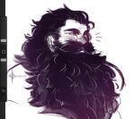  1boy art_program_in_frame beard beard_over_mouth blush broad_shoulders dungeon_meshi dwarf facial_hair fluffy greyscale highres long_beard long_hair looking_ahead male_focus monochrome notice_lines senshi_(dungeon_meshi) solo thick_eyebrows thick_mustache unfinished upper_body valcaine very_long_beard 