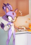 absurd_res anthro areola blaze_the_cat breasts cooking digital_media_(artwork) domestic_cat felid feline felis female fire fur genitals hair hi_res inside kitchen mammal nipples nosafexao nude open_mouth purple_body purple_fur pussy scared sega simple_background solo sonic_the_hedgehog_(series) tail