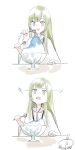  1other brain_freeze eating enkidu_(fate) fate_(series) food green_hair grey_eyes holding holding_spoon long_hair long_sleeves mizutame_tori motion_lines open_mouth sequential shaved_ice sidelocks simple_background solo spoon white_background 