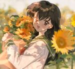  1girl :d blurry blurry_background blush bouquet brown_eyes brown_hair depth_of_field flower from_side green_sailor_collar hair_between_eyes higurashi_kagome holding holding_bouquet hugging_object inuyasha ling5707 long_hair long_sleeves looking_at_viewer neckerchief open_mouth red_neckerchief sailor_collar shirt sidelocks sleeve_cuffs smile solo sunflower upper_body white_shirt yellow_flower 