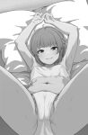  1girl armpits arms_up aruhian breasts camisole closed_mouth eyebrows_hidden_by_hair feet_out_of_frame greyscale highres looking_at_viewer lying monochrome mushoku_tensei navel norn_greyrat on_back on_bed panties partially_visible_vulva pillow small_breasts solo spread_legs stomach underwear wavy_mouth 