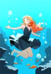  1girl 6070_kaijoku air_bubble alternate_costume bare_arms bare_legs bare_shoulders barefoot black_dress blush bubble closed_eyes closed_mouth dress facing_to_the_side fish floating floating_hair full_body highres long_hair nami_(one_piece) one_piece open_hands orange_hair outstretched_arms rock shoulder_tattoo single_sidelock solo spaghetti_strap tattoo underwater 