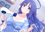  1girl blue_archive blue_eyes blush breasts casual cleavage closed_mouth dutch_angle expressionless hair_down hair_dryer halo hands_up highres holding ima_(lm_ew) long_hair looking_at_viewer medium_breasts purple_hair solo upper_body yuuka_(blue_archive) 