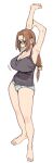 1girl absurdres armpits arms_up black_tank_top bouncing_breasts breasts full_body glasses hair_ornament hair_pulled_back hair_scrunchie highres huge_breasts imamura_ryou kaii_to_otome_to_kamigakushi mature_female mole ogawa_sumireko panties scrunchie short_eyebrows stretching tank_top thick_eyebrows underwear 