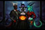  2018 animal_humanoid anthro bloodborne breasts claws clothed clothing cosplay cowboy cowgirl_outfit digital_drawing_(artwork) digital_media_(artwork) dragon dragon_humanoid female fromsoftware group hair hat headgear headwear helloween horn humanoid looking_at_viewer magic magic_user male moon mythology rizonik simple_background smile sony_corporation sony_interactive_entertainment video_games wings witch witch_hat 