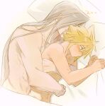 2boys after_sex arms_around_back bed_sheet blonde_hair blue_eyes blush cloud_strife couple covered_face cuddling expressionless final_fantasy final_fantasy_vii grey_hair head_on_pillow hug hug_from_behind indoors long_hair lying male_focus multiple_boys naked_sheet nose_blush on_side sephiroth sheet_grab short_hair spiked_hair topless_male under_covers upper_body yaoi yebuyeye zzz 