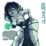 1:1 absurd_res black_hair black_nails breasts colored_nails eyeball female green_body green_eyes green_skin hair hi_res humanoid la_luxo magic monotone_background nails shadow simple_background solo stiches undead watermark white_background zombie