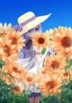  1girl azur_lane bangs black_sailor_collar blurry blurry_foreground brown_headwear commentary_request covered_mouth day depth_of_field dress field flower flower_field frilled_dress frills hair_between_eyes hat hat_ribbon holding holding_flower long_hair looking_at_viewer looking_to_the_side orange_flower outdoors purple_eyes purple_hair purple_ribbon ribbon sailor_collar sailor_dress short_sleeves sidelocks solo standing straw_hat sukireto sunflower unicorn_(azur_lane) very_long_hair white_dress 