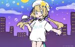  1girl absurdres beret blonde_hair blue_eyes character_name commentary_request copyright_name copyright_notice floating_hair hat highres jelee-chan jellyfish long_hair low_twintails night night_sky no_humans official_art open_mouth shirt short_sleeves sketch sky solo star_(symbol) twintails umituki_yoru white_hair white_shirt yoru_no_kurage_wa_oyogenai 
