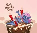 2024 barefoot big_breasts blue_body breasts cake candle dessert feet female food galaxy_eyes goblin hair happy_birthday hi_res huge_breasts humanoid humanoid_pointy_ears micro nedoiko not_furry nude pink_hair smile solo