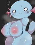  anthro areola armless big_breasts black_background blue_body blush blush_lines bodily_fluids breasts ebi10000000000 female fog generation_2_pokemon hi_res looking_at_viewer markings nintendo nipples pink_areola pokemon pokemon_(species) puffy_nipples question_mark simple_background simple_eyes smile solo sweat tail thick_thighs wooper 