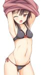  1girl ;d absurdres armpits arms_up azqa bikini black_bra black_panties bow bow_bra bra breasts brown_hair commentary_request cowboy_shot groin highres kono_subarashii_sekai_ni_shukufuku_wo! light_blush looking_at_viewer megumin navel one_eye_closed open_mouth panties red_bow red_eyes side-tie_panties simple_background small_breasts smile solo standing stomach swimsuit thighs underwear underwear_only undressing white_background 