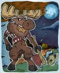 2023 after_transformation anthro antlers beard bottomless clothed clothing deer demicryptid digital_media_(artwork) don&#039;t_starve facial_hair forest front_view full_moon grin hi_res hooves horn klei_entertainment lucy_(don&#039;t_starve) male mammal moon moose new_world_deer night outside partially_clothed plant smile solo solo_focus standing toony torn_clothing tree were weredeer weremoose werenew_world_deer woodie_(don&#039;t_starve)