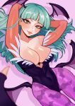  1girl animal_print bare_shoulders bat_print black_leotard blunt_bangs breasts bright_pupils cleavage clothing_cutout fizzeru fur-trimmed_leotard fur_trim green_hair head_wings heart_cutout highres leotard long_hair looking_at_viewer low_wings morrigan_aensland pantyhose print_pantyhose purple_pantyhose smile solo strapless strapless_leotard vampire_(game) wings 