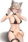  1girl :3 animal_ear_fluff animal_ears armpit_crease bikini black_bikini black_bracelet black_collar breasts brown_hair cat_ears cleavage collar hair_between_eyes highres ichi854 large_breasts light_blush mushoku_tensei navel paw_pose red_eyes rinia_dedoldia shadow short_hair sideboob simple_background sitting solo stomach swimsuit thigh_strap white_background 