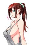  1girl bangs breasts brown_hair chinatsu_(suzutsuki_kurara) cleavage closed_mouth commentary_request covered_nipples from_side green_eyes green_scrunchie hair_ornament hair_scrunchie hairclip heart large_breasts long_hair looking_at_viewer no_bra original ponytail scrunchie sideboob sidelocks simple_background smile solo strap_gap suzutsuki_kurara tank_top upper_body white_background 