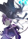  2girls armor belt black_footwear black_hair black_jacket black_rock_shooter black_rock_shooter_(character) black_shorts blue_eyes boots chain gloves highres insane_black_rock_shooter jacket kuthi0510 long_hair multiple_girls purple_eyes purple_hair shorts shoulder_armor twintails 