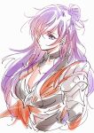  1girl armor asymmetrical_clothes breasts choker cleavage dress fire_emblem fire_emblem:_three_houses fire_emblem_warriors:_three_hopes hair_bun hair_over_one_eye highres purple_eyes purple_hair shez_(female)_(fire_emblem) shez_(fire_emblem) single-shoulder_dress single_hair_bun solo yutohiroya 