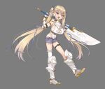  1girl armor armored_boots armored_gloves blonde_hair blush boots breasts cleavage cleavage_cutout clothing_cutout denim denim_shorts elf elf_village fang full_body grey_background grey_shorts hair_ornament hair_tie highres kaedeko_(kaedelic) large_breasts long_hair looking_at_viewer open_mouth oppai_loli original pointy_ears purple_eyes shorts simple_background smile solo sword thighs twintails weapon 