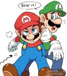  2boys artist_name blood blood_on_face blue_eyes blue_overalls brown_footwear brown_hair facial_hair flying_sweatdrops gloves grabbing grabbing_from_behind green_hat green_shirt hat luigi mario mario_(series) multiple_boys mustache open_mouth overalls parted_lips red_hat red_shirt shirt simple_background speech_bubble sweatdrop torn_clothes white_background white_gloves ya_mari_6363 