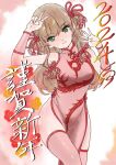  1girl 2024 bare_shoulders breasts china_dress chinese_clothes chinese_zodiac commentary dragon_print dress green_eyes happy_new_year hashiguchi_takashi highres light_brown_hair looking_at_viewer original pink_dress pink_thighhighs small_breasts smile solo thighhighs v year_of_the_dragon 