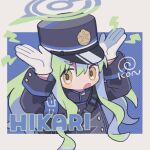  1girl arms_up black_hat black_jacket blue_archive blush_stickers brown_eyes character_name gloves green_hair halo hat hikari_(blue_archive) jacket koru_koruno lightning_bolt_symbol long_sleeves looking_at_viewer open_mouth peaked_cap solo upper_body white_gloves 