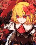  1girl ascot bird black_skirt black_vest blonde_hair bow commentary_request hair_bow highres long_sleeves pointy_ears red_ascot red_background red_bow red_eyes ro.ro rumia short_hair skirt touhou vest 