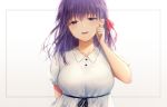  1girl blush dress fate/stay_night fate_(series) hair_ribbon heaven&#039;s_feel looking_at_viewer matou_sakura puffy_short_sleeves puffy_sleeves purple_eyes purple_hair red_ribbon ribbon shiobana short_hair short_sleeves solo tears white_dress 