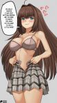  1girl aozaki_aoko bare_shoulders blue_eyes blush bra breasts brown_hair cleavage english_text fate/grand_order fate_(series) grin hair_intakes highres large_breasts long_hair looking_at_viewer navel shinsaku_(stan-art) skirt smile solo speech_bubble thighs underwear 
