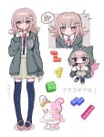  1girl :o black_shirt black_thighhighs blush_stickers bow brown_skirt chibi danganronpa_(series) danganronpa_2:_goodbye_despair diaper dress_shirt ear_bow frown green_jacket highres hood hood_down hooded_jacket index_finger_raised jacket medium_hair miniskirt monomi_(danganronpa) multiple_views nanami_chiaki neck_ribbon open_clothes open_jacket pink_eyes pink_footwear pink_hair pink_ribbon pleated_skirt revision ribbon shirt shirt_tucked_in shoes skirt spaceship_hair_ornament speech_bubble tetris thighhighs translation_request u_u_(16557) white_shirt 