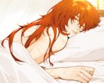  1boy back diluc_(genshin_impact) eriimyon from_side genshin_impact highres indoors long_hair looking_at_viewer lying on_bed on_stomach open_mouth orange_eyes red_hair scar solo sunlight topless topless_male under_covers window 