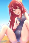  1girl artist_name blue_swimsuit bow breasts cameltoe commentary_request covered_navel from_below hair_bow highres kamijou_sadame kamikaze_(kantai_collection) kantai_collection long_hair looking_at_viewer red_eyes red_hair school_swimsuit small_breasts solo swimsuit yellow_bow 