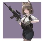  1girl absurdres animal_ears assault_rifle black_necktie black_pantyhose black_skirt border breasts brown_hair cat_ears cat_girl chest_rig gloves grey_gloves gun highres looking_at_viewer m4_carbine necktie office_lady original pantyhose pencil_skirt purple_background rifle serious shirt short_hair skirt soldat_(dndosld73832) solo tactical_clothes weapon white_border white_shirt 