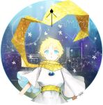  1boy baggy_clothes blonde_hair blue_eyes bright_pupils fate/grand_order fate_(series) gk98tm glowing highres male_focus parted_lips scarf short_hair sky solo space star_(sky) starry_background starry_sky tunic voyager_(fate) voyager_(first_ascension)_(fate) voyager_golden_record voyager_probe white_tunic yellow_scarf 