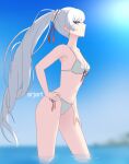  1girl ar_jart bikini blue_eyes blue_sky breasts cleavage commentary dangle_earrings day earrings hand_on_own_hip jewelry long_hair rwby sky small_breasts solo sunlight swimsuit symbol-only_commentary very_long_hair wading water weiss_schnee white_bikini 