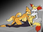 anthro big_breasts blush bodily_fluids braixen breasts canid canine digital_media_(artwork) duo female female/female floatzel fur generation_4_pokemon generation_6_pokemon genital_fluids genitals hi_res inner_ear_fluff looking_at_viewer mammal nintendo nipples nude pokemon pokemon_(species) pussy simple_background skellertom smile tail tuft white_body white_fur yellow_body yellow_fur