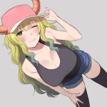  1girl ;) aqua_hair arm_up armpit_crease bare_arms bare_shoulders baseball_cap black_tank_top black_thighhighs blonde_hair blush breasts cleavage closed_mouth collarbone commentary_request cowboy_shot denim denim_shorts dragon_girl dragon_horns dutch_angle from_above gradient_hair green_eyes green_hair grey_background hand_on_headwear hand_on_own_thigh hat highres horns horns_through_headwear kobayashi-san_chi_no_maidragon large_breasts leaning_forward looking_at_viewer lucoa_(maidragon) multicolored_hair nishikino_kee one_eye_closed pink_hat short_shorts shorts simple_background smile solo standing tank_top thighhighs unusually_open_eyes 