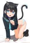  :d all_fours animal_ears apollo_(hu_maple) aqua_necktie bell black_hair black_serafuku black_socks blue_eyes blue_hair blue_ribbon blush cat_ears cat_tail collar colored_inner_hair commentary_request dot_nose english_text hair_ribbon highres jingle_bell kneehighs medium_hair multicolored_hair necktie no_pants on_bed open_mouth original panties paw_pose ribbon school_uniform serafuku simple_background smile socks solo tail tail_ornament tail_ribbon thigh_gap underwear white_background white_panties white_ribbon 