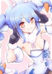  1girl absurdres animal_ear_fluff animal_ears bare_shoulders black_gloves black_leotard blue_hair braid breasts brown_pantyhose carrot_hair_ornament cleavage commentary_request detached_sleeves don-chan_(usada_pekora) dress food-themed_hair_ornament fur-trimmed_gloves fur_trim gloves grin hair_between_eyes hair_ornament hands_up highres hololive leotard multicolored_hair outline pantyhose puffy_short_sleeves puffy_sleeves rabbit_ears short_eyebrows short_sleeves small_breasts smile solo strapless strapless_dress strapless_leotard takunama thick_eyebrows twin_braids twintails two-tone_hair usada_pekora virtual_youtuber white_dress white_hair white_outline white_sleeves 