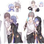  1boy 1girl ? aqua_eyes black_jacket blue_hair braid caelus_(honkai:_star_rail) commentary_request french_braid highres holding honkai:_star_rail honkai_(series) jacket long_hair multiple_views revision robin_(honkai:_star_rail) shirt short_hair spoken_question_mark trailblazer_(honkai:_star_rail) trash_can very_long_hair white_background white_shirt yajuu 