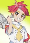  1boy buttons commentary_request crispin_(pokemon) frying_pan gradient_background grin hand_up highres holding holding_frying_pan jacket male_focus multicolored_hair orange_(orangelv20) pokemon pokemon_sv red_hair red_pupils short_hair short_sleeves signature smile solo sweat teeth upper_body white_jacket 
