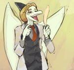 anthro blonde_hair cavemanon_studios clothed clothing dinosaur feathers freckles hair hi_res i_wani_hug_that_gator iadakan latchk3y long_hair male necktie open_mouth pterodactylus pterosaur red_eyes reptile scalie solo standing tied_hair wings