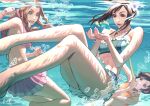  3girls 5tatsu aerith_gainsborough aerith_gainsborough_(pink_mermaid) air_bubble bamboo bare_arms bare_shoulders barefoot bikini bikini_skirt black_hair braid braided_ponytail breasts brown_eyes brown_hair bubble cleavage final_fantasy final_fantasy_vii final_fantasy_vii_rebirth final_fantasy_vii_remake fish flower frilled_bikini frilled_skirt frills green_eyes grey_bikini hair_flower hair_ornament hair_ribbon hibiscus highres large_breasts long_hair medium_breasts midriff multiple_girls official_alternate_costume orange_shirt own_hands_together parted_bangs parted_lips pink_bikini pink_flower pink_ribbon pink_skirt red_eyes ribbon shirt short_hair shorts sidelocks signature single_braid skirt smile swept_bangs swimsuit tifa_lockhart tifa_lockhart_(shining_spirit) underwater updo wavy_hair white_shorts yuffie_kisaragi yuffie_kisaragi_(summer_orange) 