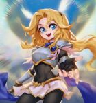  1girl :d armor black_gloves blonde_hair blue_eyes blue_scarf blush bodysuit breastplate breasts brown_bodysuit covered_navel fingerless_gloves gloves hair_between_eyes hairband highres league_of_legends long_hair looking_at_viewer lux_(league_of_legends) miniskirt phantom_ix_row scarf shoulder_plates skirt smile solo teeth upper_teeth_only white_skirt 