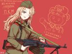  1girl bag1945 blonde_hair english_text garrison_cap green_hat green_jacket gun hat ichikawa_hinana idolmaster idolmaster_shiny_colors jacket looking_at_viewer machine_gun military_uniform pkm red_background smile solo soviet_army stuffed_animal stuffed_toy teddy_bear uniform weapon 