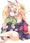  1girl 2024 animal_ear_fluff animal_ears bare_shoulders black_kimono blonde_hair blue_eyes chinese_zodiac closed_mouth dated dragon floral_print fox_ears fox_girl fox_tail hair_between_eyes hair_ornament hair_ribbon happy_new_year highres hug japanese_clothes kimono long_hair looking_at_viewer loose_kimono nozomi_tsubame original ribbon sitting smile suzuha_(nozomi_tsubame) tail year_of_the_dragon 