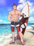  1boy abs absurdres alternate_costume bara beard blue_eyes brown_hair chest cloud cloudy_sky day facial_hair fate/grand_order fate_(series) french_flag_swimsuit full_body hand_on_hip highres icelernd looking_at_viewer male_focus muscle napoleon_bonaparte_(fate/grand_order) nipple_slip nipples ocean pectorals sandals scar shirtless shorts sky smile solo surfboard swimsuit 